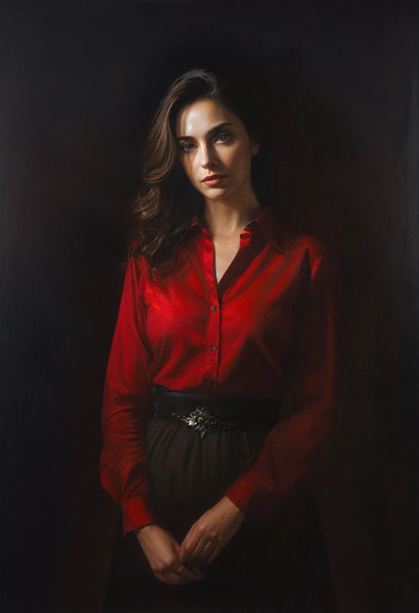painting of a a waist-length portrait of a beautiful woman with light eyes, in a red shirt, 35 old, the play of light and deep shadow on her face, dark atmosphere, cinematic scene, volumetric lights, ultra realistic, in the style of nicola samori