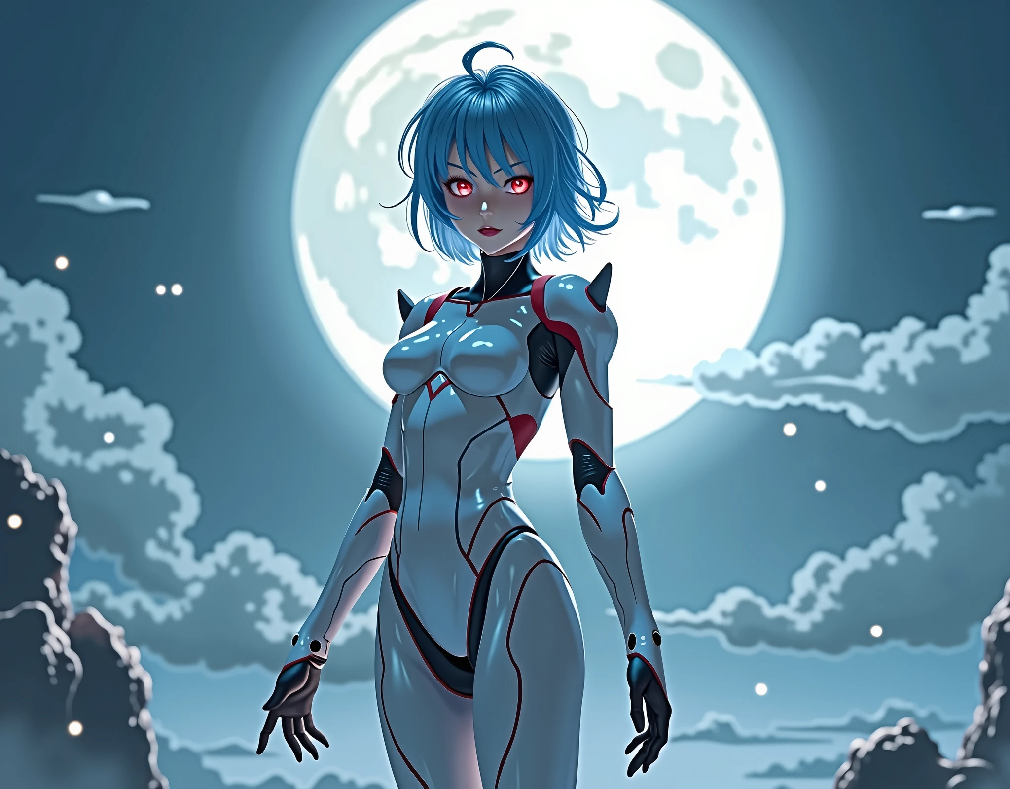 ayanami rei evangelion combat suit anime ultra realistic version under the moonlight doing dancer pose 