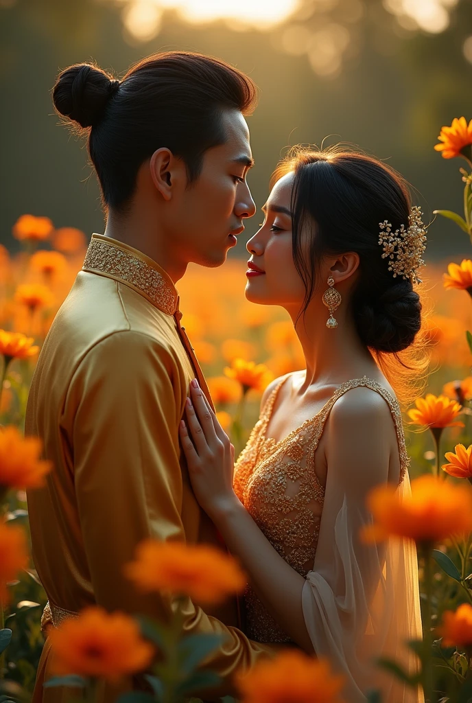 " A Thai man wearing a golden Thai dress, handsome like a man from the past, with fair skin, is standing and admiring the Nang Yaem flowers. His face shows his longing for his beloved, thinking of his beloved. The background is an evening atmosphere. A young Thai woman wearing a Thai dress only on her shoulders and neck shows her thoughts. Around the young man is a flower garden. "