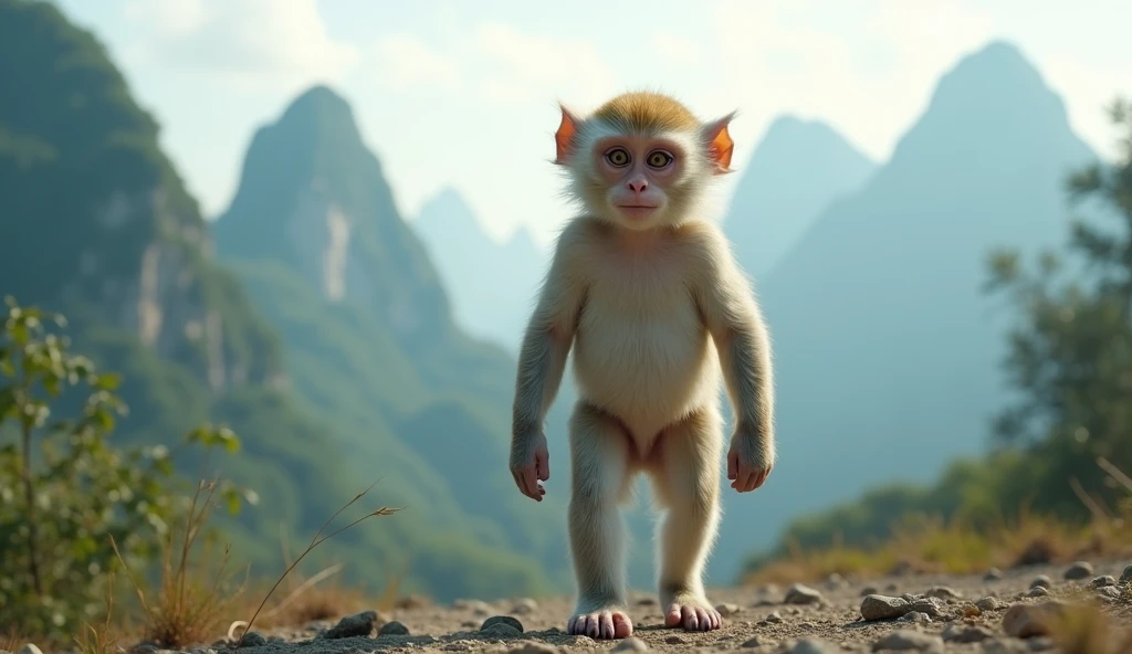 Panoramic front view,There is a kind of monkey with white ears in the mountains of Guilin,Walk upright like a human(best quality,4K,8k,High level,masterpiece:1.2),Ultra Detailed,(lifelike,Photo real,Photo real:1.37)