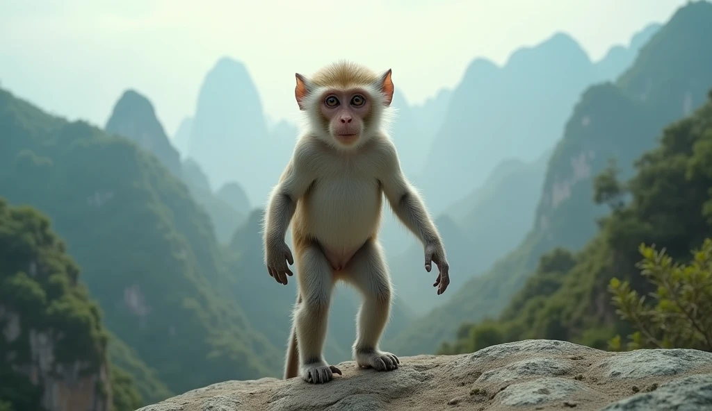 Panoramic front view,There is a kind of monkey with white ears in the mountains of Guilin,Walk upright like a human(best quality,4K,8k,High level,masterpiece:1.2),Ultra Detailed,(lifelike,Photo real,Photo real:1.37)