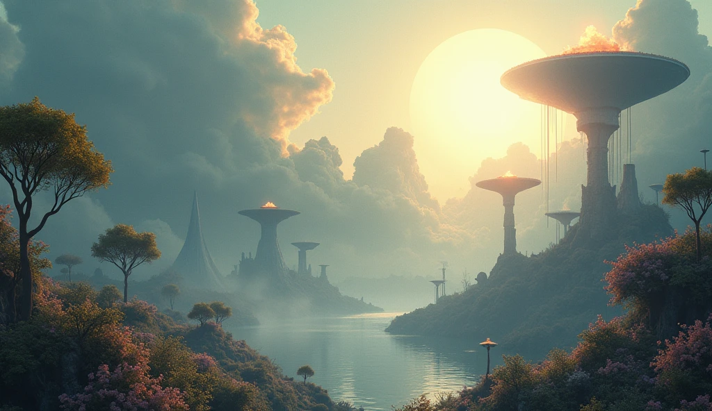 A surreal fantasy landscape, ethereal glowing floating islands, strange geometry, alien flora and fauna, dramatic cloud formations, sun glare, volumetric lighting, hyper detailed, cinematic composition, dreamlike, muted color palette, mystical, imaginative, fantastical, (best quality,8k,highres,masterpiece:1.2),ultra-detailed,(realistic,photorealistic,photo-realistic:1.37),cinematic lighting,dramatic atmosphere