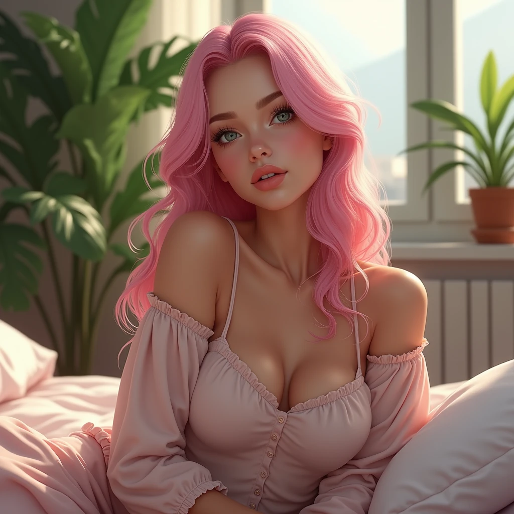 (photorealism:1.2), beautiful woman, pink hair , sitting on bed, wearing loose off-shoulder top, pajama pants, long wavy hair, close up angle , indoors, soft lighting, plants in background, window with sunlight, cozy room, relaxed pose, realistic, intricate details, bright colors,