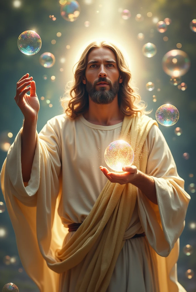 Jesus bursting a soap bubble. Surrounded by soap bubbles.