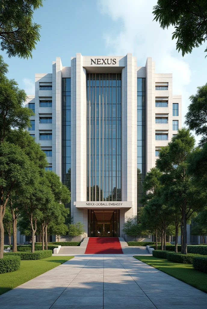 A wonderful and luxurious building, it's on it's own with large compound with trees and Grass with corporate Singaporean architecture and the words Nexus Global Embassy fully exposed on the building separate concrete with red carpet on the entrance with a good full view and angle .Expose the words Nexus Global Embassy on the concrete fully I can't see the words and the driveway the spelling is wrong