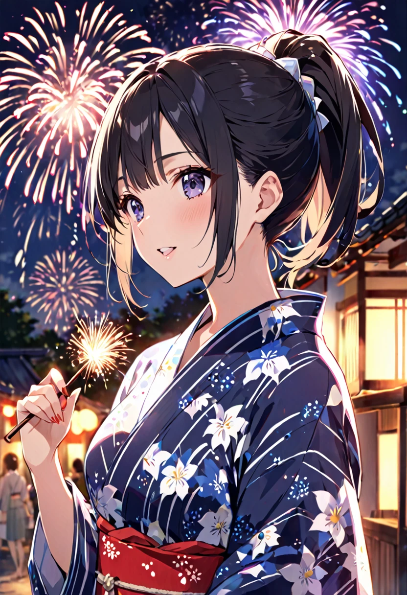 Beautiful woman in a yukata with black hair and a ponytail、summer、firework