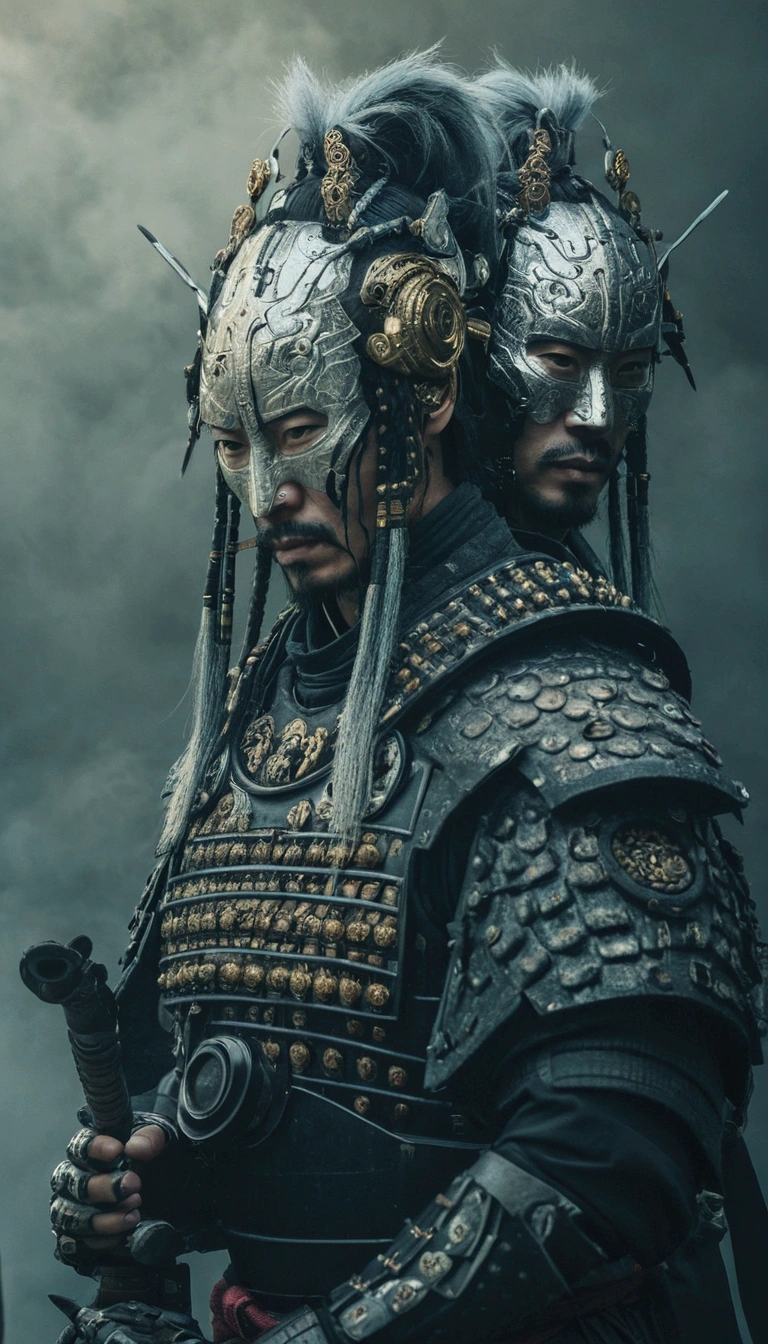 Two men in armor standing next to each other, portrait of a Cyberpunk Samurai, portrait of a robot shaman, very beautiful Cyberpunk Samurai, Cyberpunk Chinese Ancient Castle, Cinematic. Ren Jun, Ancient warriors, Mysterious Post-Apocalyptic Cyborg, Cyberpunk Samurai, Detailed and intricate ornate armor, Chinese Armor, samurai portrait, Detailed bushido shaped smoke, portrait of male humanoid、face、fog、Drift、cloud、Flowing、dim、Highest quality、8k