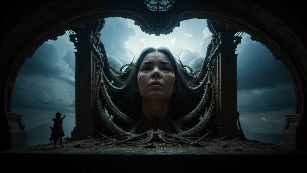 (masterpiece), (great), (Extremely fine), Wallpaper, Marco, rectangle, viewer, Giger, flores, Baroque, clouds, octopus, Goddess, dark, light, bjork, Gothic, grotesque