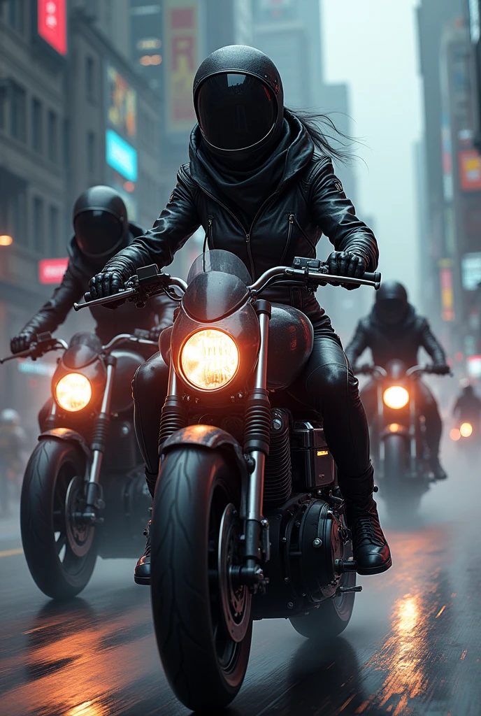 Motorcycle girls wear full hoods and dress sexy