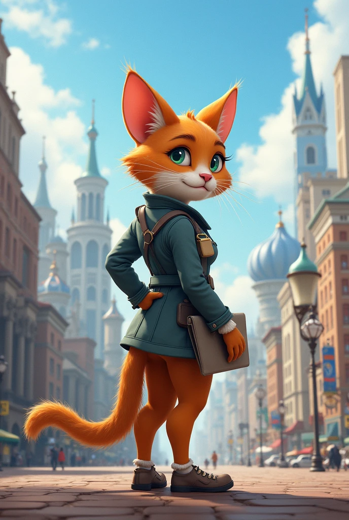 The adult female cat standing on two legs is a tourist guide looking back at the city.