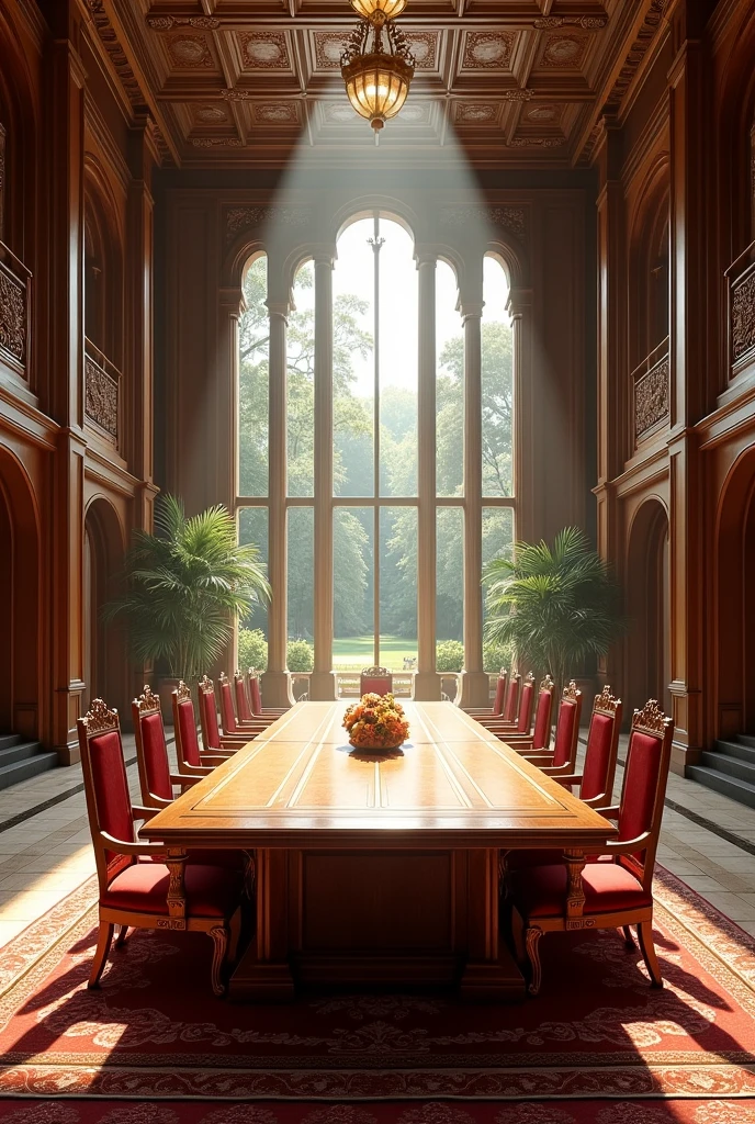 Royal dining hall with most of the work done by wooden and glass