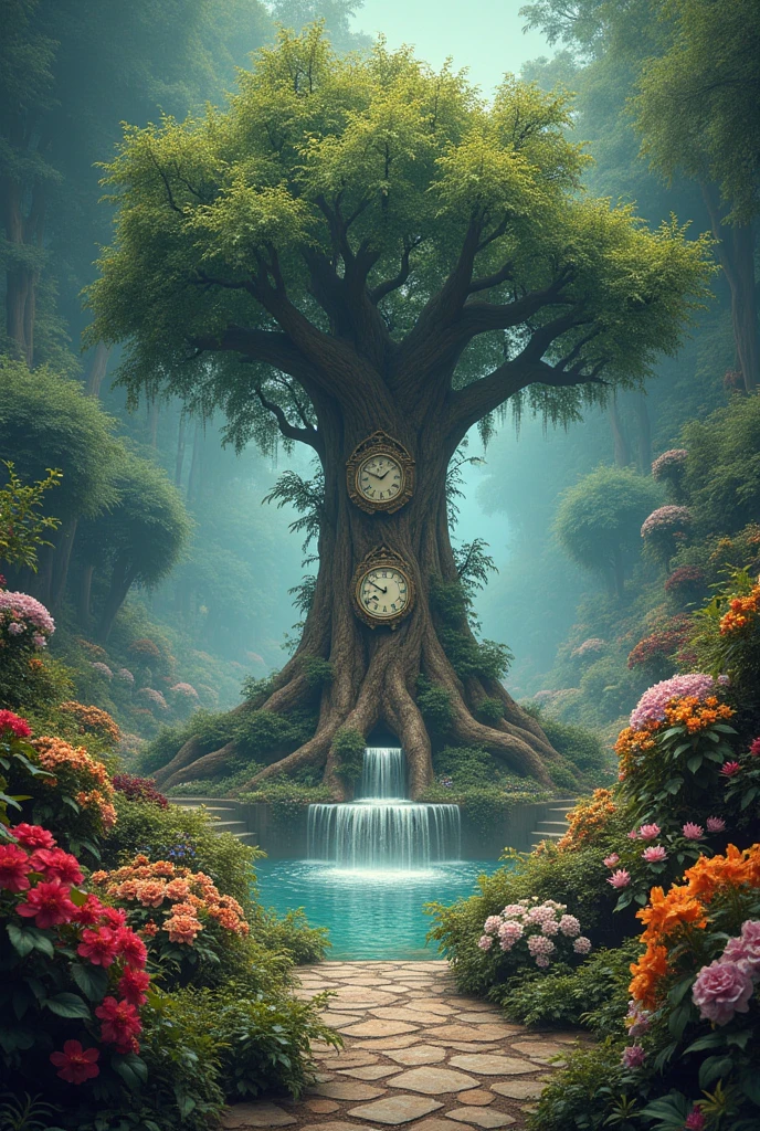 Visualize a garden where each plant and flower represents a different moment in time. Some plants bloom rapidly and then wither away within moments, while others remain in a constant state of flux, their colors and forms changing with the passage of seconds. The garden is filled with temporal anomalies—fountains that flow backward, trees that shed their leaves and then regrow them in an instant, and flowers that bloom in the shape of clocks. In the center of the garden stands a tree that grows rings made of light, each one representing a different era, with its branches reaching out to touch different moments in history.