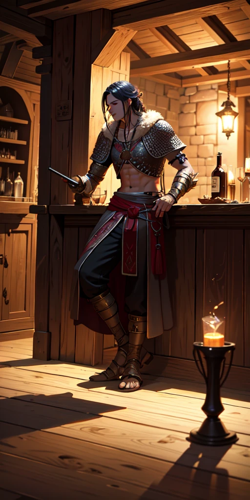 night A magnificent medieval tavern A warrior waiting for his friend to return with his drink