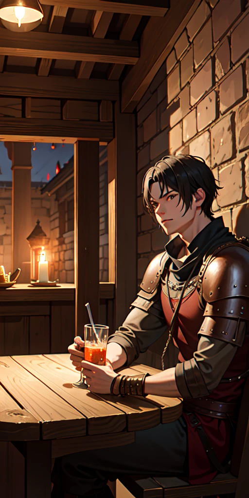 night A magnificent medieval tavern A warrior waiting for his friend to return with his drink