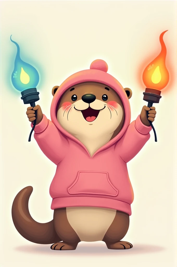 Drawing of an otter with a pink cap, pink sweatshirt, with colored lamps in both hands, celebrating 