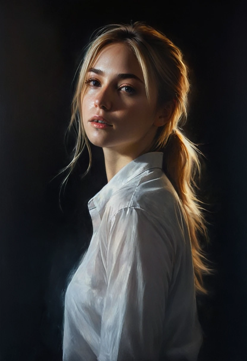 painting of a  girl with light hair in a light shirt, portrait, dark atmosphere, cinematic scene, volumetric lights, ultra realistic, in the style of nicola samori