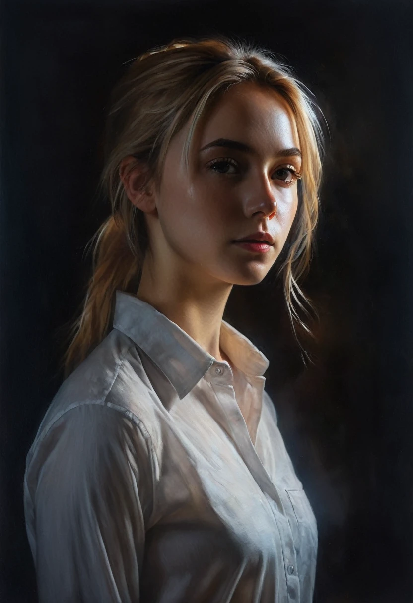 painting of a girl with light hair in a light shirt, portrait, dark atmosphere, cinematic scene, volumetric lights, ultra realistic, in the style of nicola samori