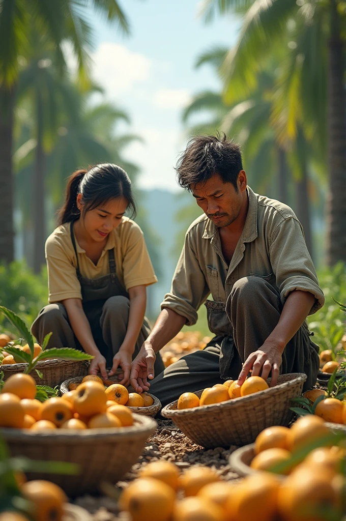 a 30 year old Korean man, shabby clothes, harvesting palm fruit on a palm oil plantation.and a Korean woman was picking palm fruit next to the man.
There are several palm oil harvesting equipment and work supplies.