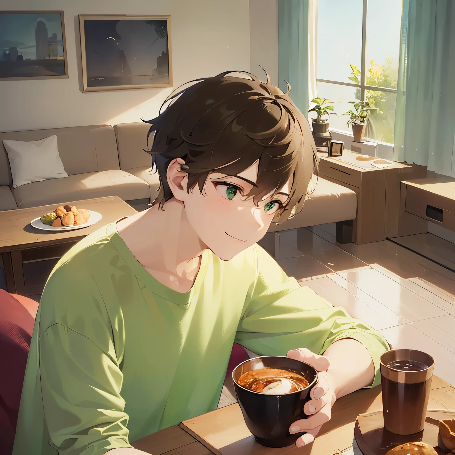 holding a spoon、(night:1.5), side angle, (looking away:1.5), upper body、masterpiece、Highest quality、(2 male:1.5) and (Brown short hair) and (Green Eyes), (White T-shirt)、smile、The background is the living room at night、alone、Food on a plate