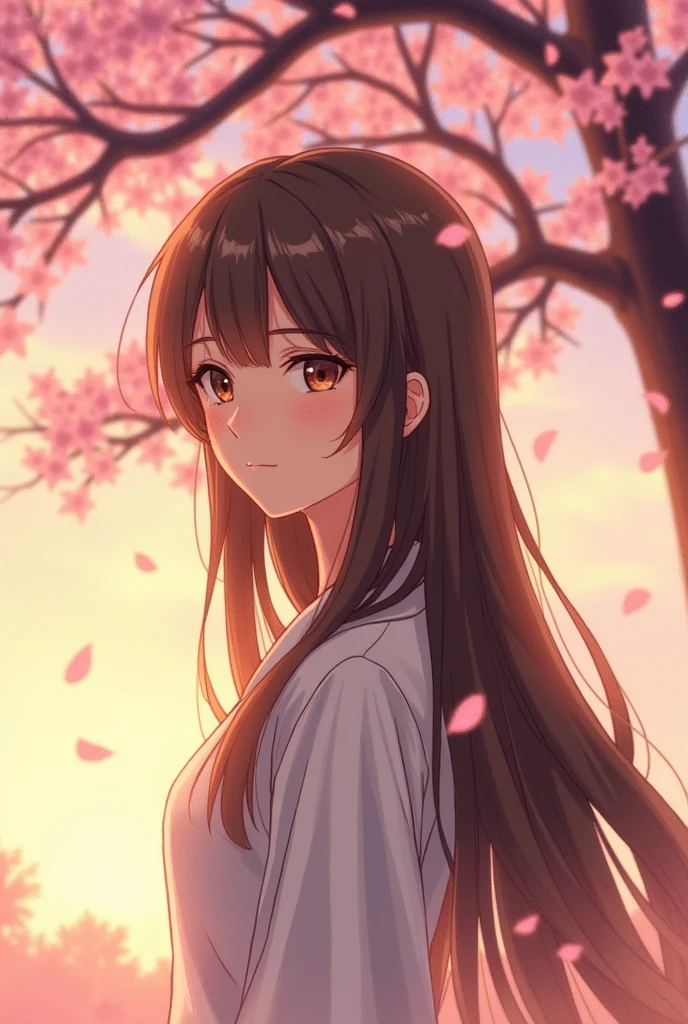Anime girl with long brown hair, amber eyes, cherry blossom tree
