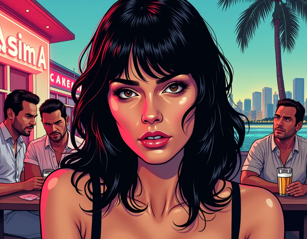 Contour drawing with thick lines, portrait of a woman in GTA style, black hair, background - miami city guys with beer,