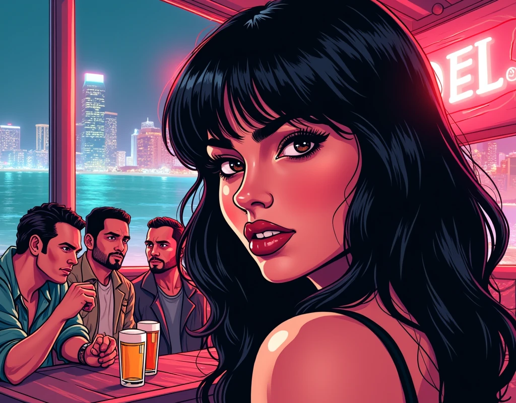 Contour drawing with thick lines, portrait of a woman in GTA style, black hair, background - miami city guys with beer,