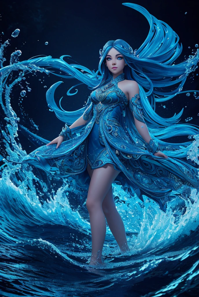 intricate blue dragon, underwater, girl standing on shore looking down at water, night, (best quality,4k,8k,highres,masterpiece:1.2),ultra-detailed,(realistic,photorealistic,photo-realistic:1.37),fantasy,cinematic lighting,dramatic lighting,vibrant colors,detailed waves,shimmering water,detailed dress,long flowing hair,beautiful detailed eyes,beautiful detailed lips,extremely detailed eyes and face,longeyelashes