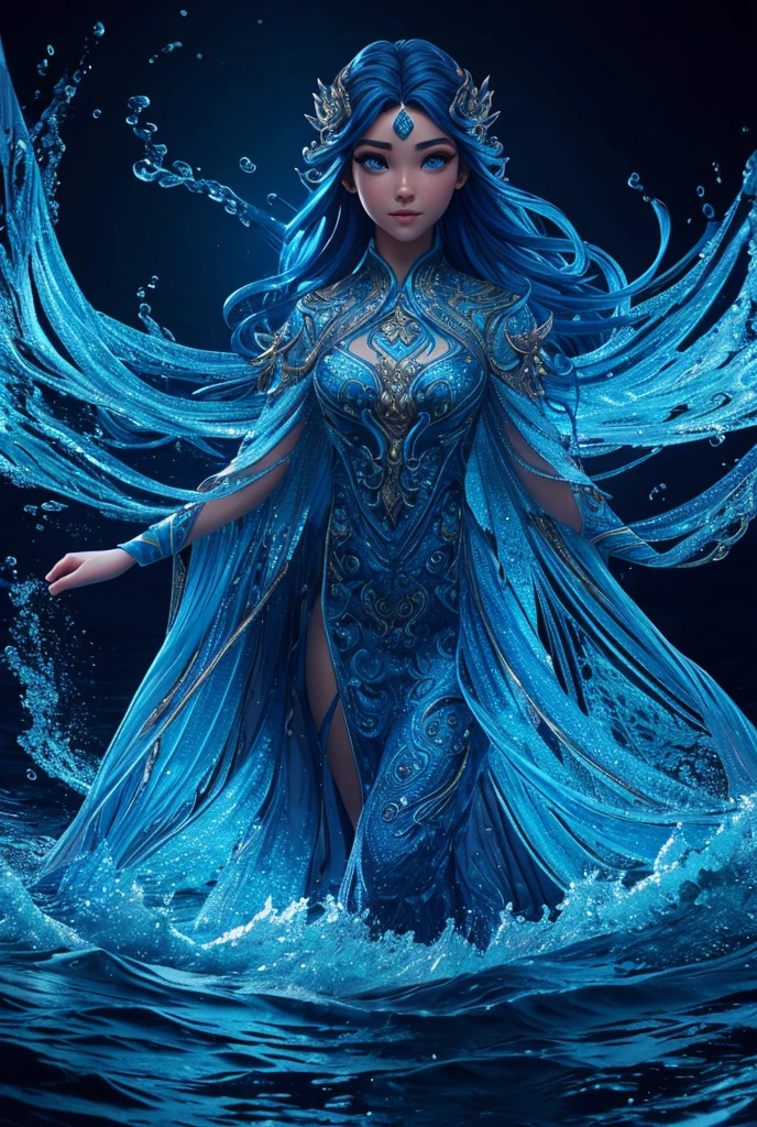 intricate blue dragon, underwater, girl standing on shore looking down at water, night, (best quality,4k,8k,highres,masterpiece:1.2),ultra-detailed,(realistic,photorealistic,photo-realistic:1.37),fantasy,cinematic lighting,dramatic lighting,vibrant colors,detailed waves,shimmering water,detailed dress,long flowing hair,beautiful detailed eyes,beautiful detailed lips,extremely detailed eyes and face,longeyelashes