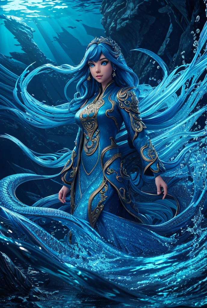 intricate blue dragon, underwater, girl standing on shore looking down at water, night, (best quality,4k,8k,highres,masterpiece:1.2),ultra-detailed,(realistic,photorealistic,photo-realistic:1.37),fantasy,cinematic lighting,dramatic lighting,vibrant colors,detailed waves,shimmering water,detailed dress,long flowing hair,beautiful detailed eyes,beautiful detailed lips,extremely detailed eyes and face,longeyelashes