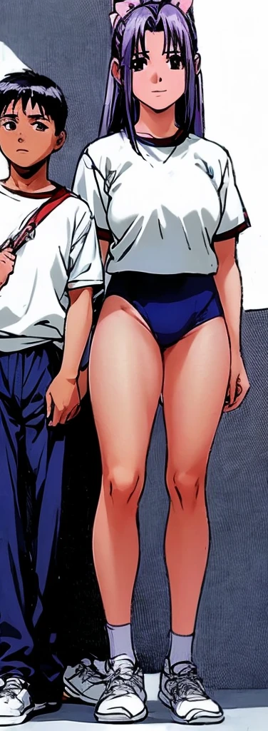 Momoko Koigakubo, with her beautiful legs, stands in a white gym uniform and light navy blue bloomers that look like panties.。A young boy in a tracksuit is standing next to Momoko Koigakubo and is being held by her.。