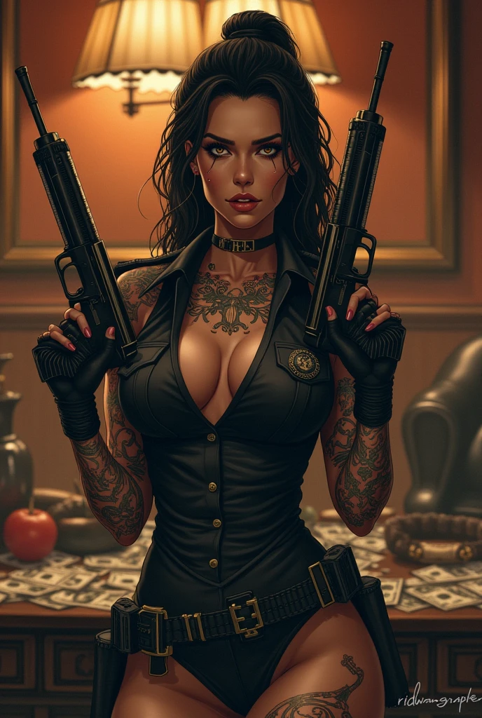 The concept of a beautiful white sexy tattooed yakuza woman wearing a police hat makes white hot, holding 2 Uzi guns in a luxurious room with lots of money scattered around and a sign with the name Ridwangrapher