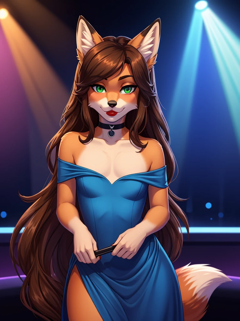 Best quality, furry male fox with green eyes, with brown long hair, with black spout, with red lipstick on lips, big lips, in a blue dress, a femboy, crossdressing, shy, choker on the neck, off-the-shoulder dress, flirts, y pose, portrait, against the backdrop of an empty nightclub