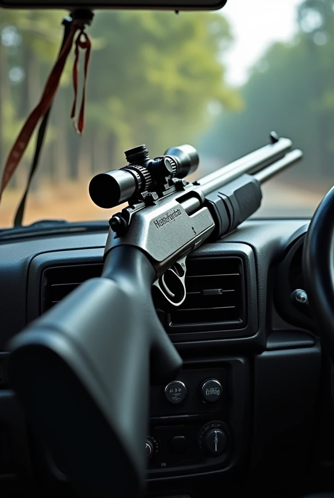Double barrel shoutout gun in dashboard of mahindra scorpio car desi tough