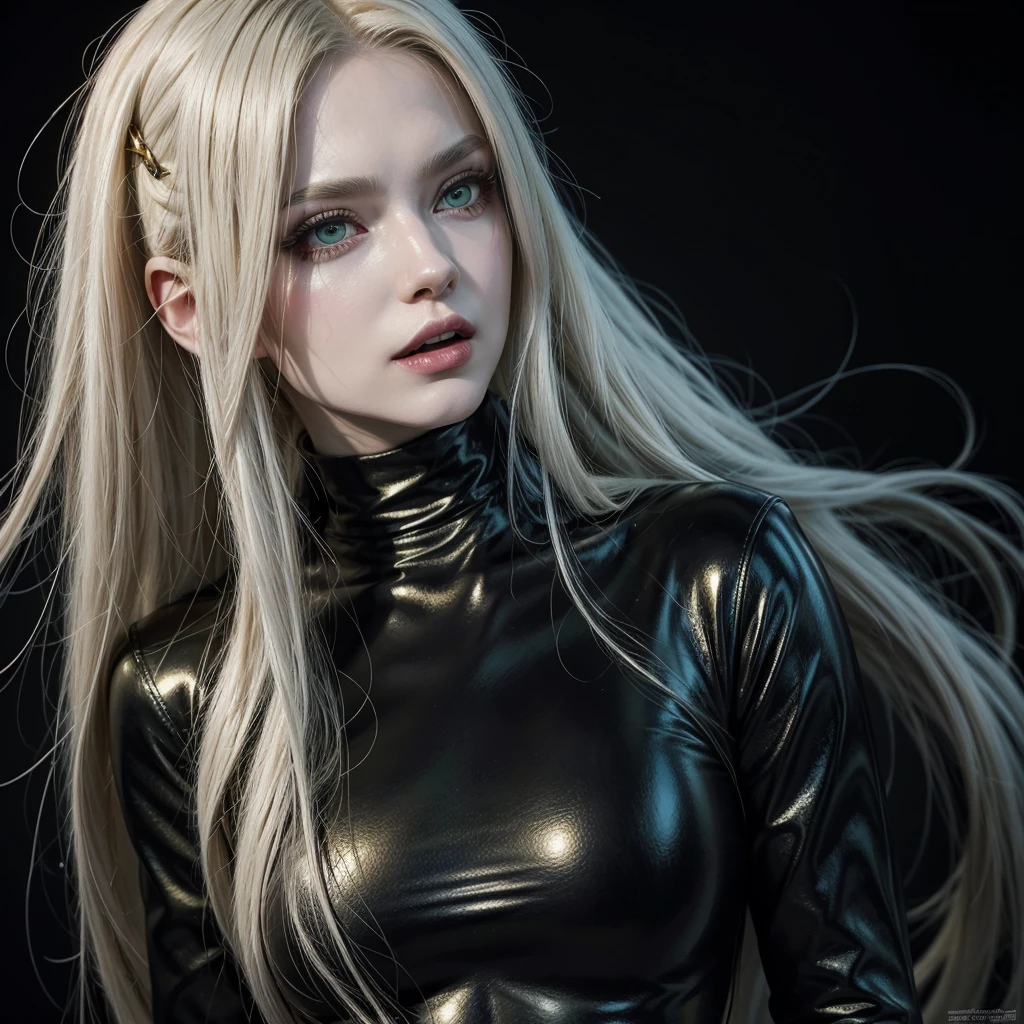 Comics marvel from oil art, Russian albino woman with GREEN long hair, green long hair, golden eyes, she is wearing a black leather turtleneck top, silver cross accessories, black background, dynamic shadow, Glossy black makeup, vampire fangs, open mouth, side view, 