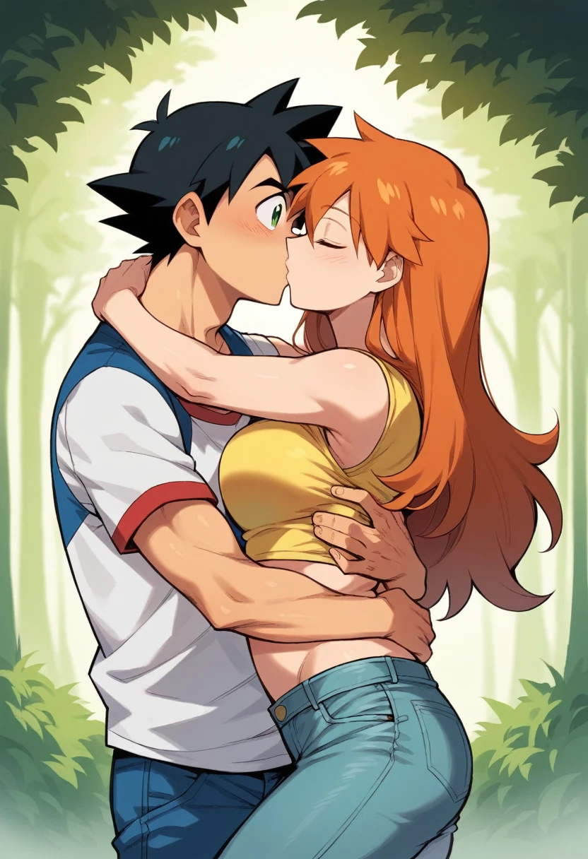 1boy, ash ketchum, black hair, brown eyes, hair between eyes, ash ketchum, black t-shirt, jeans, handsome boy, good looking boy, muscular boy 1girl, misty pokemon, green eyes, orange hair, long hair, hair down, yellow crop top, jeans, pretty, beautiful girl, curvy girl photograph of a 1 couple, on a forest, hugging, embrace, kissing, closed eyes