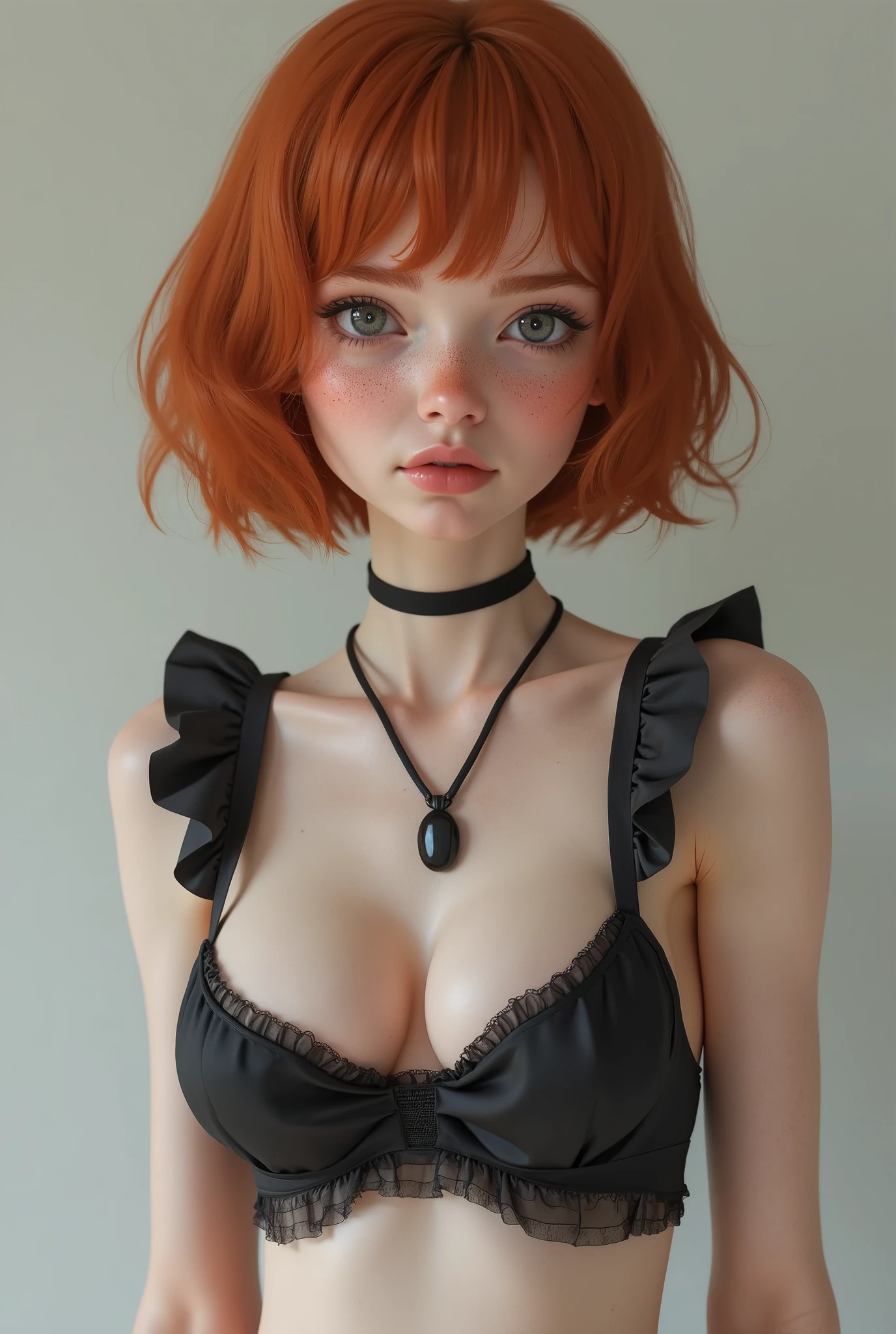 teenager, Nordic ethnicity, Chin-length bob hairstyle, dark ginger hair with a perfect face and senos grandes, with freckles, Wearing a sexy silk French maid uniform, Stupid, full body shot, small breasts, tiny little body, .showing a lot of skin, with a black necklace