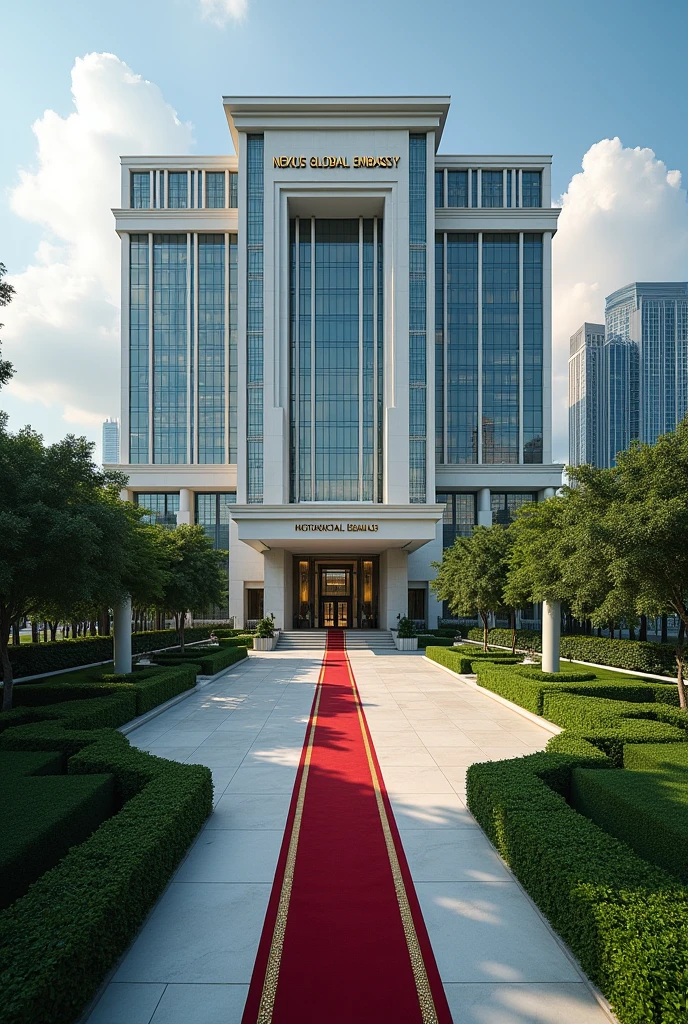 A wonderful and luxurious building, it's on it's own with large compound with trees and Grass with corporate Singaporean architecture and the words Nexus Global Embassy fully exposed on the building separate concrete with red carpet on the entrance with a good full view and angle .Expose the words Nexus Global Embassy on the concrete fully I can't see the words and the driveway the spelling is wrong