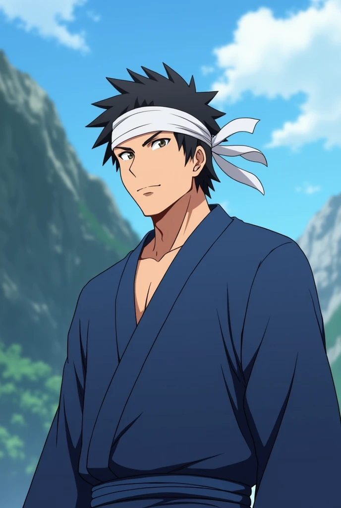 anime、Photographer's POV、Chest to head、looking at the camera、male、Around 40 years old、Muscular build、Square face、Round Nose、short hair、No bangs、Black Hair、Blue Jinbei、White headband、Deep in the mountains、Thirsty、Hot look、Deep in the mountains