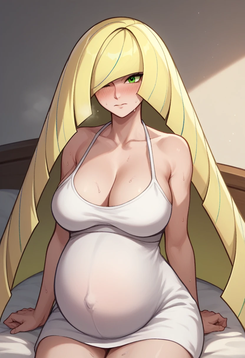 Larger breasts、Cleavage、blush、Sweat、In the heat、pokemonlusamine, blonde hair, green eyes, hair over one eye, long hair, multicolored hair, streaked hair, very long hair,、(The whole body is visible)、(white camisole dress)、Troubled face、Closed eyes、Are standing、Pregnant women:0.5、Sit on the bed、
{Highest quality}, {so beautiful}, {Very detailed}, {Best illustrations},