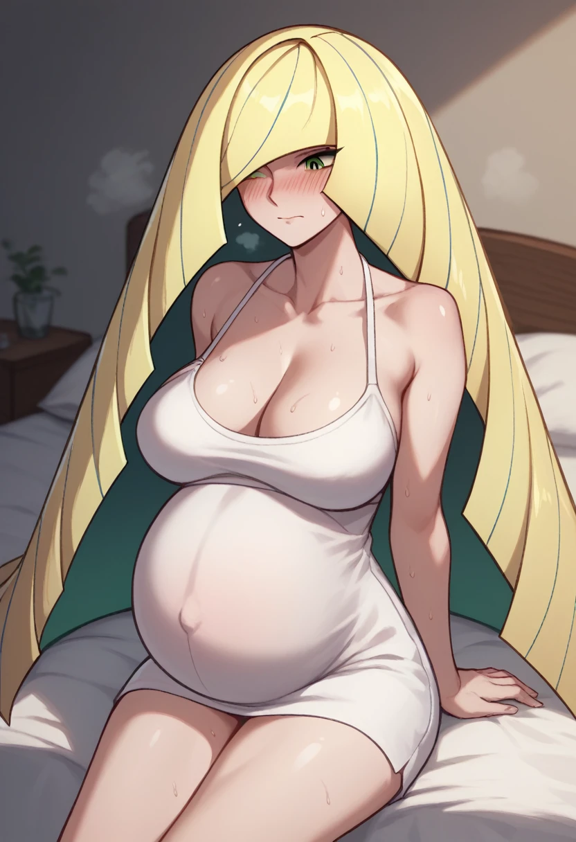 Larger breasts、Cleavage、blush、Sweat、In the heat、pokemonlusamine, blonde hair, green eyes, hair over one eye, long hair, multicolored hair, streaked hair, very long hair,、(The whole body is visible)、(white camisole dress)、Troubled face、Closed eyes、Are standing、Pregnant women:0.5、Sit on the bed、
{Highest quality}, {so beautiful}, {Very detailed}, {Best illustrations},