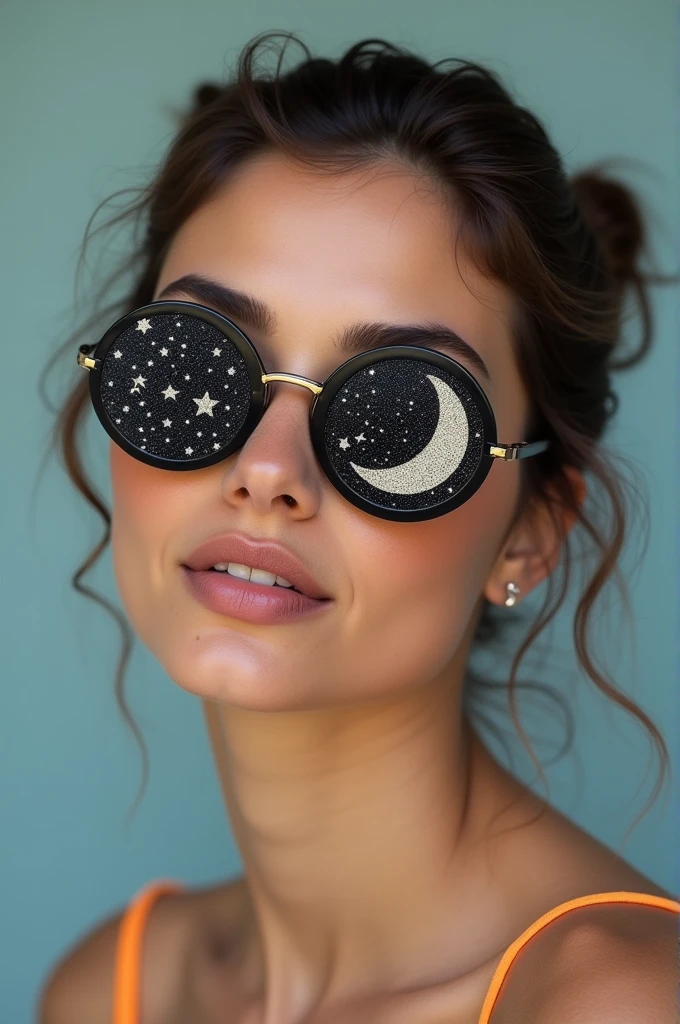 The model is wearing glass sunglasses with stars and the moon on the glass