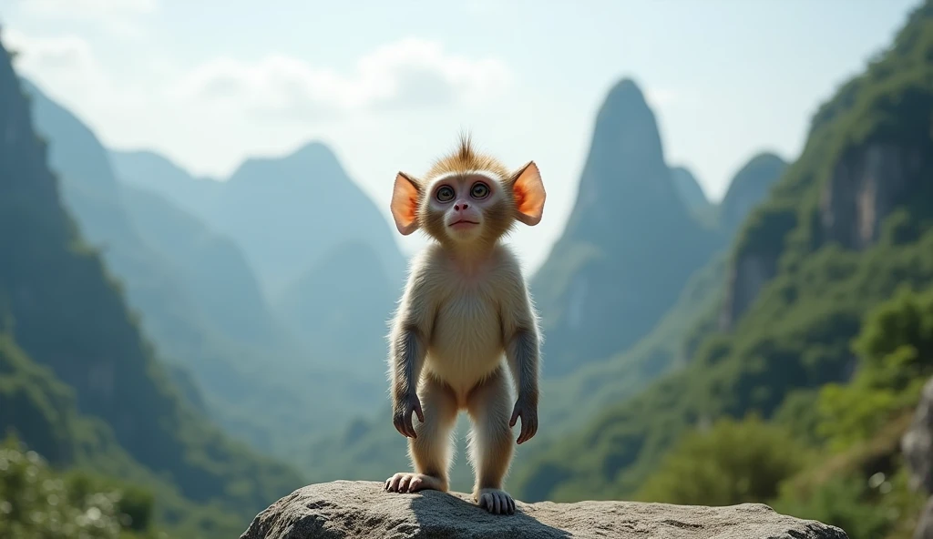 Panoramic front view,There is a kind of monkey with white ears in the mountains of Guilin,Walk upright like a human(best quality,4K,8k,High level,masterpiece:1.2),Ultra Detailed,(lifelike,Photo real,Photo real:1.37)