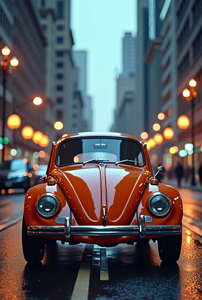 Make a short video of a VW Beetle with a blurred city background.