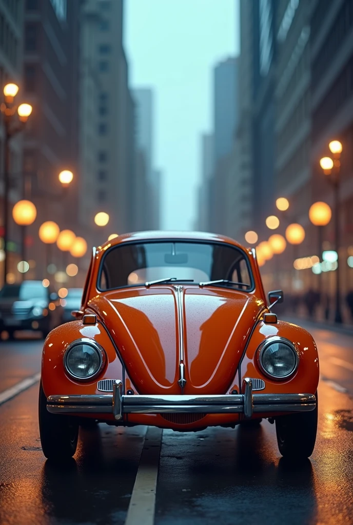 Make a short video of a VW Beetle with a blurred city background. 
