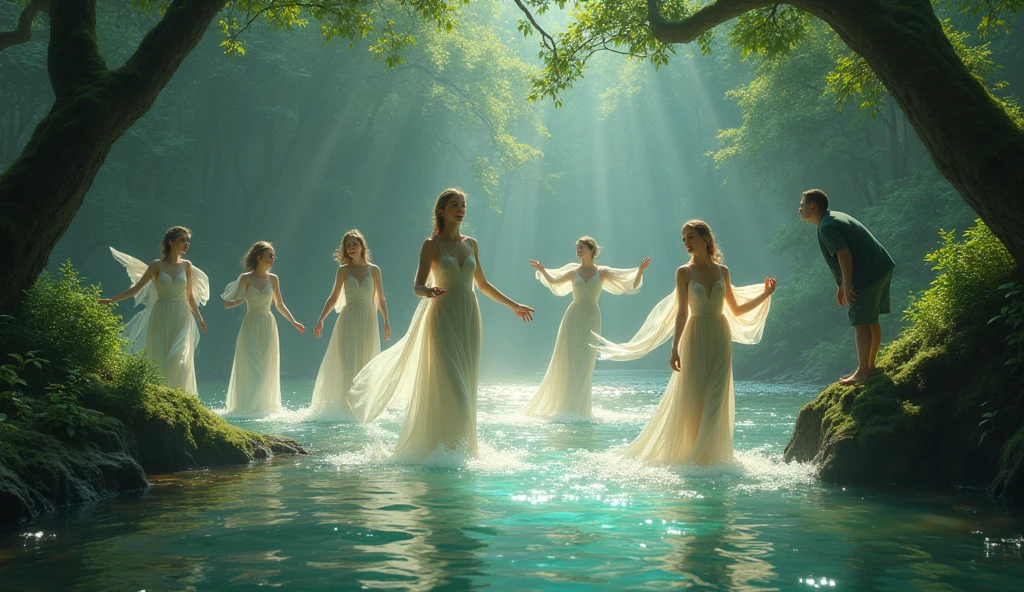 Seven beautiful celestial maidens with flowing, ethereal garments and radiant auras are bathing in a clear, tranquil river surrounded by lush forest. Their laughter echoes softly through the trees. A man, partially hidden behind a large moss-covered rock, is peeking out, watching them with a mixture of awe and curiosity.