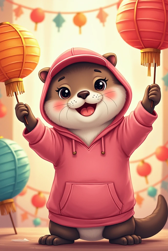 Drawing of an otter with a pink cap, pink sweatshirt, with colored lanterns in both hands, celebrating, with a festive background