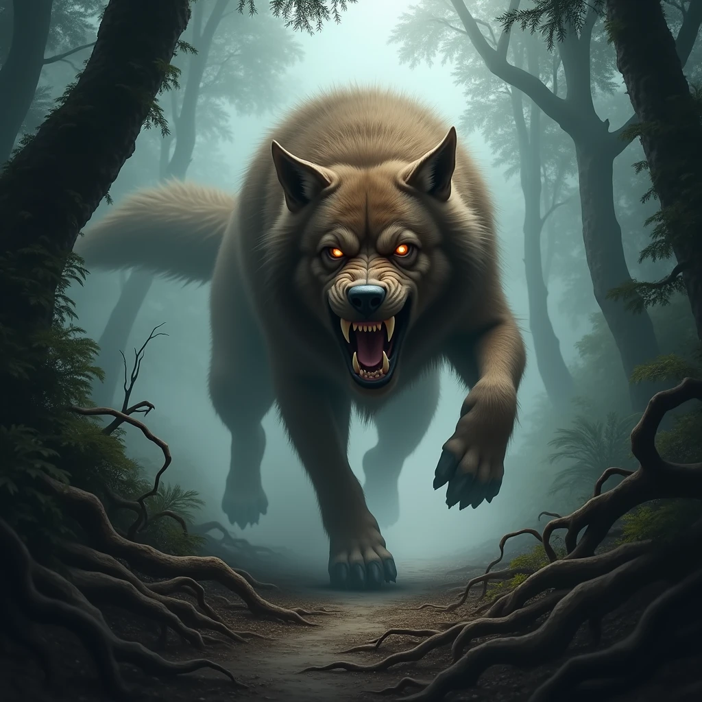 A massive dog with sharp, glistening fangs is running full speed toward the viewer, its mouth open wide in a ferocious snarl, ready to attack. The dogs's brown fur is matted and wild, and its glowing eyes are locked onto the viewer with a menacing intensity. The scene is set in a dense, smoky jungle, with thick underbrush and towering trees partially obscured by the heavy mist. The path the dog is charging down is narrow, overgrown with twisted roots and foliage, adding to the sense of impending danger. The overall atmosphere is dark and ominous, with the dense fog swirling around the dog, making its approach even more terrifying
