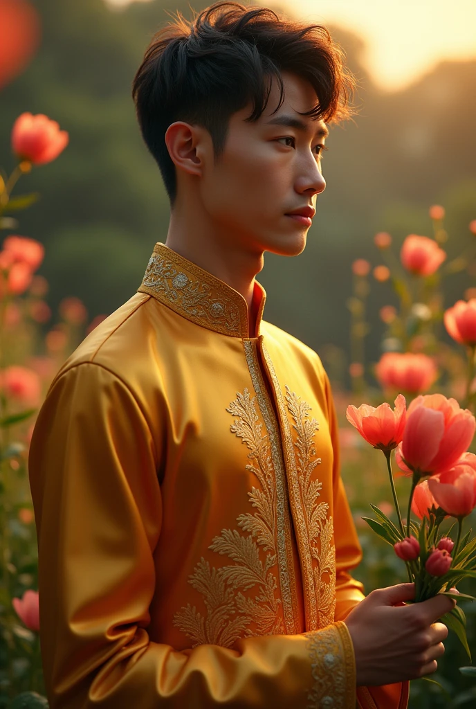" A Thai man wearing a golden Thai costume, handsome like an old-fashioned man, fair skin, standing and admiring the Nang Yaem flowers. His face shows his longing for his beloved, thinking of his beloved. The background is an evening atmosphere, thinking of him. Surrounding the young man is a flower garden. "