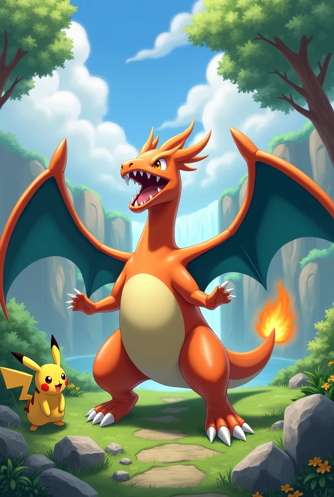 pokemon (creature), tree, outdoors, no humans, day, pikachu, water, cloud, sky, claws, nature, grass, open mouth, sharp teeth, teeth, standing, forest, rock, glowing, wings, waterfall, charizard, signature, yellow eyes, flame-tipped tail, fangs, tail, bush, flower