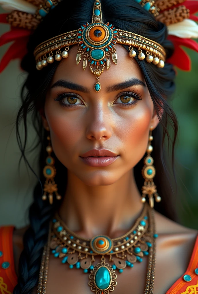 a beautiful woman wearing a aztec outfit, ((((high detailed skin)))), ultra-detailed, 8k, sharp focus,